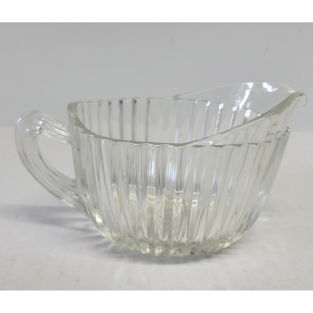 Vintage Clear Ribbed Pressed Glass Creamer Pitcher Scalloped Rim Starburst Base